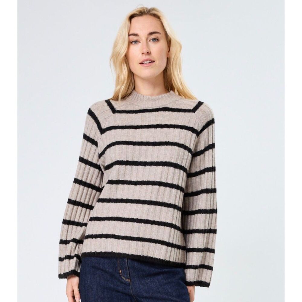 b.young Bymarianne Striped Ribbed Knit Mock Neck Sweater Tan Black Women's M NWT